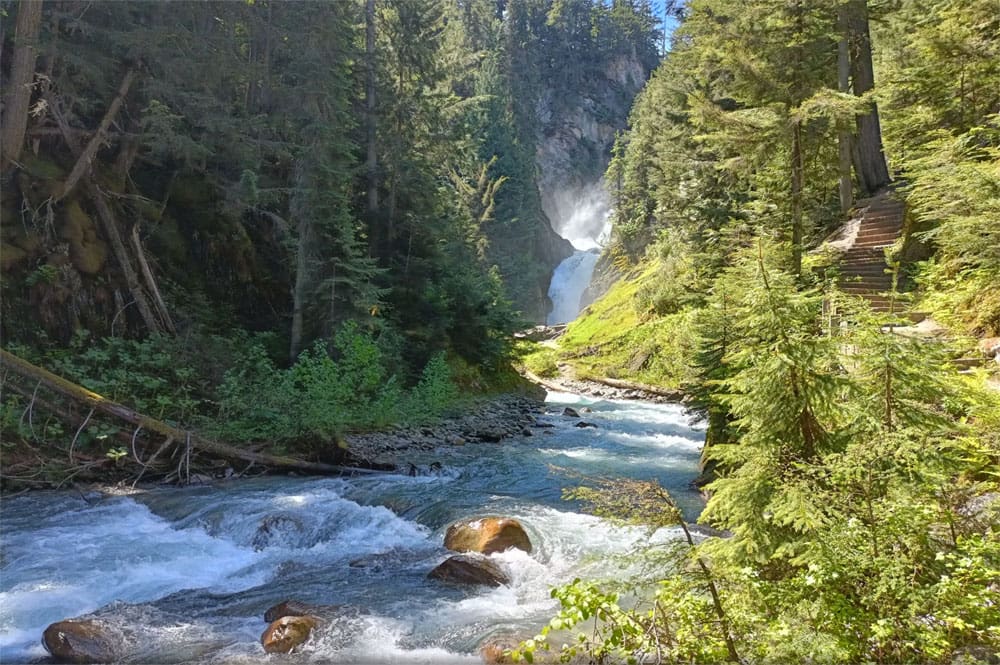A vibrant shot of Bear Creek Falls thundering down through lush canyon walls, framed by towering pines and a glistening stream below — nature at its most dramatic.
